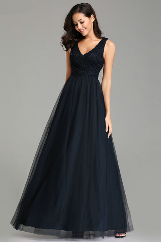 Navy Lace Sleeveless Long Tulle Evening Prom Dress - lulusllly