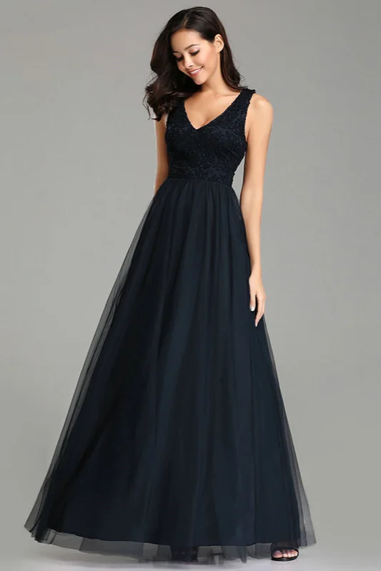 Navy Lace Sleeveless Long Tulle Evening Prom Dress
