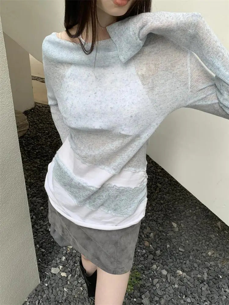 Aiertu Fairycore Style Fake Two Piece Halter T Shirt Women Long Sleeve Design Elegant Korean Fashion Patchwork Tee Shirt Femme Aiertu