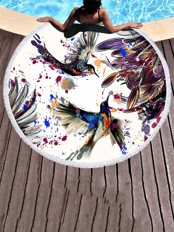 Bird Printed Round Shape Tasseled Soft Beach Mat