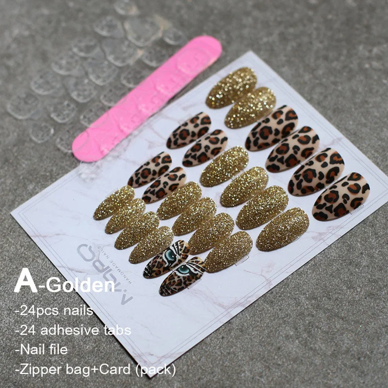 Matte tiger Nail Acrylic Fake nail black box Leopard Accent Press on Nails coffee flash stiletto false nails brown glitter Gold-Nail Inspo
