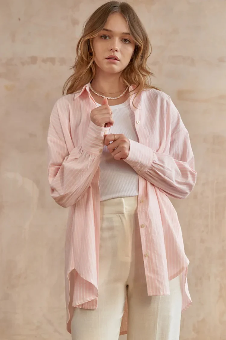 Striped Turndown Collar Long Sleeve Loose Fit Casual Blouse-Pink