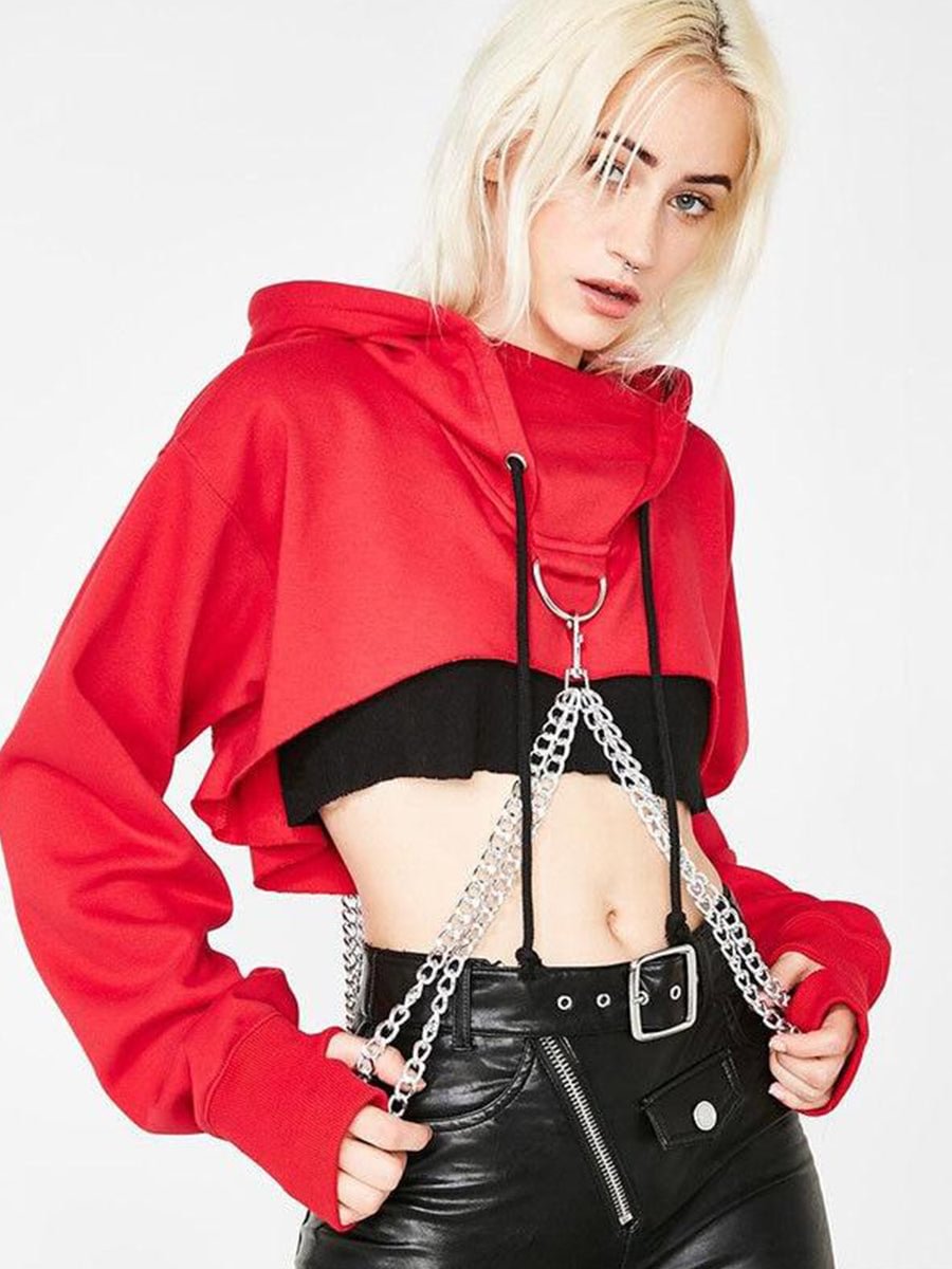 Women Hoodies Sexy Gothic Punk With Chain Cropped Top