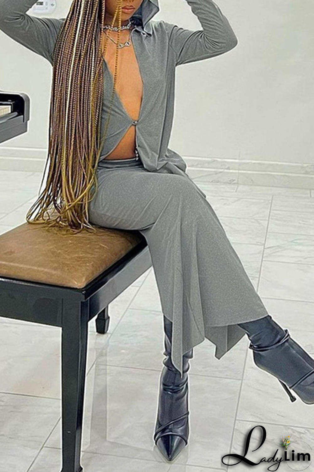 Grey Casual Solid Patchwork Hooded Collar Tops