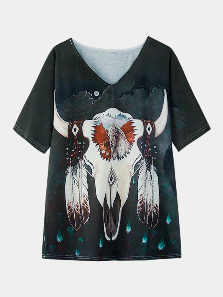 Cartoon Animal Print V neck Short Sleeve Casual T shirt P1854339