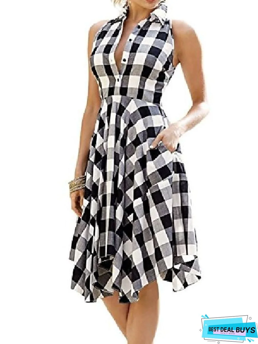 Women Black White Plaid Checks Dress Sleeveless Irregular Pleated Shirt Dress S