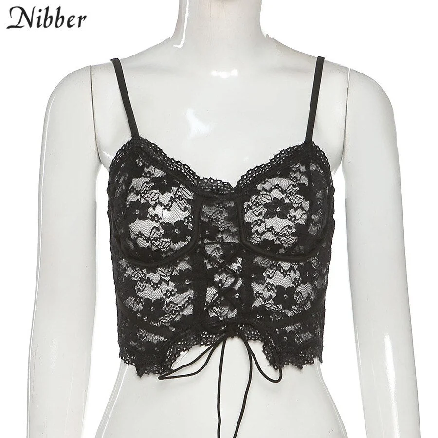 Nibber E-Girl Black Lace Up Halter Camisole Crop Top For Women Fashion Sexy Sling Strapless see through Tank Top Tee Party Wear