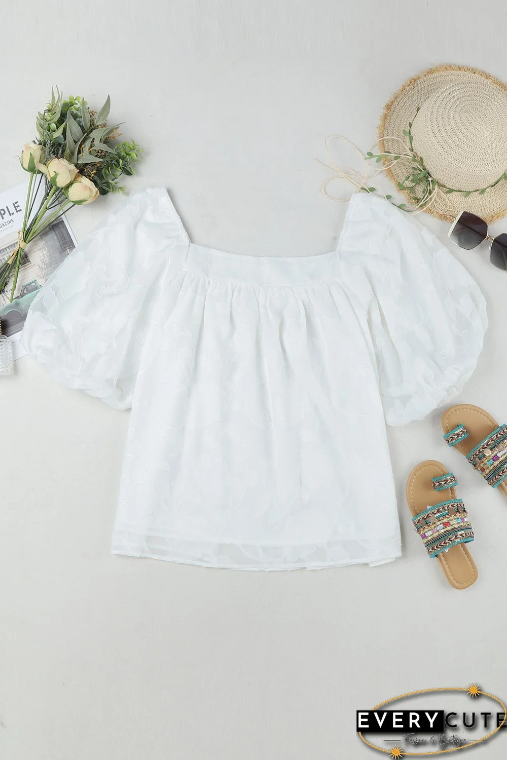 White Lush Printed Balloon Sleeve Ruched Chiffon Top