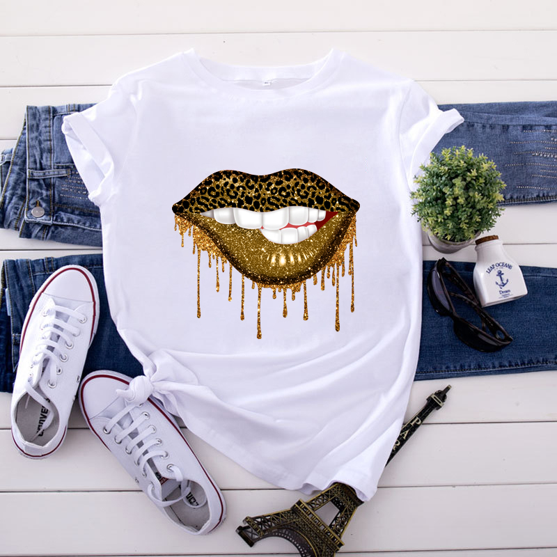 Fashion Lips Leopard Graphic O-neck T-Shirt