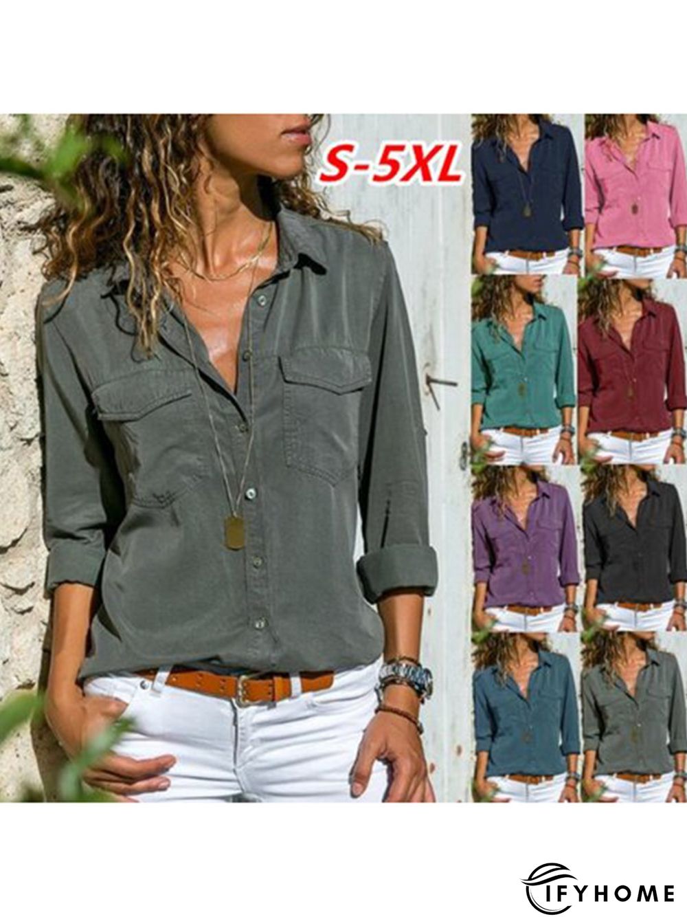 Women Fashion Turn Down Collar Solid  V Neck Long Sleeve Blouse | IFYHOME