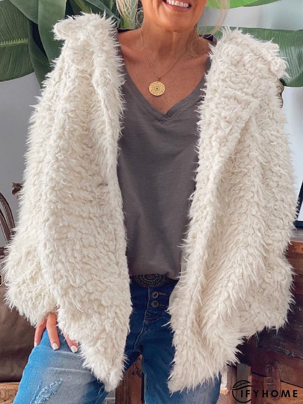 Casual Long Sleeve Shawl Collar Fleece Coat | IFYHOME
