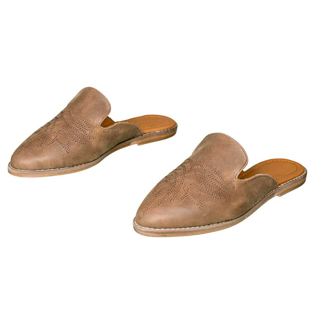 Tan Vegan Leather Stitching Almond Toe Flat Slip-On Western Mules Nicepairs