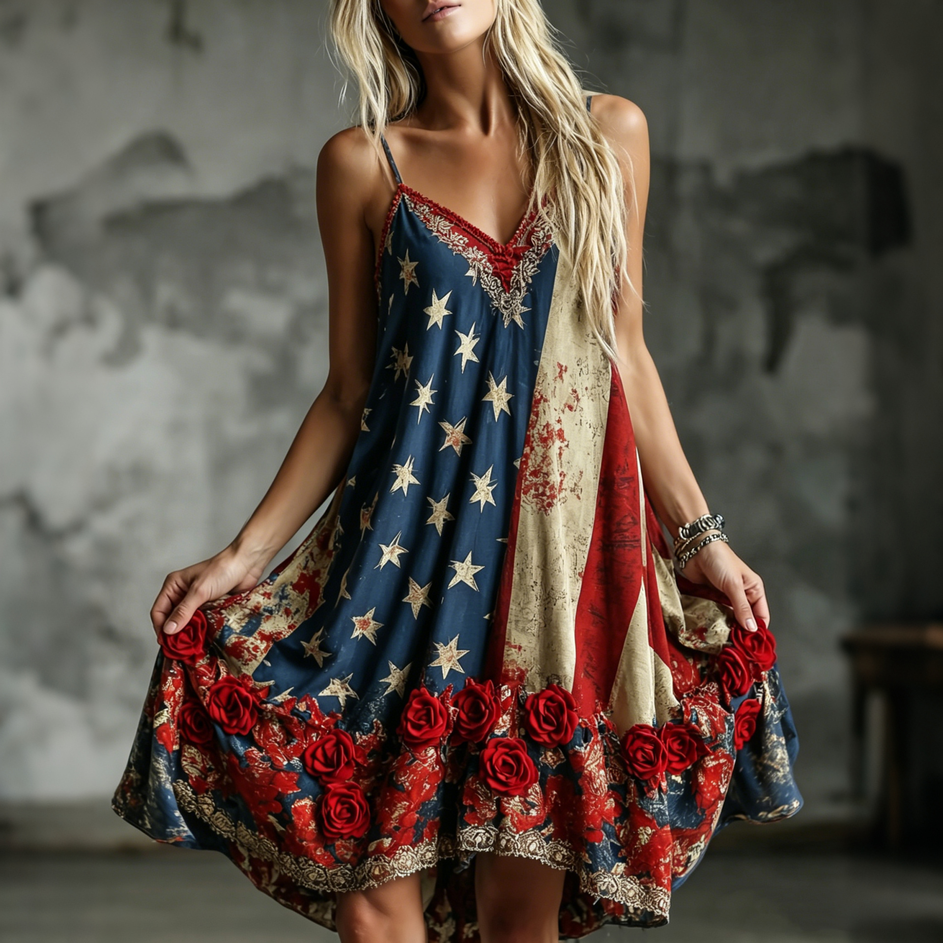  Women's Independence Day Rose-print Casual Spaghetti-strap Dress Westsshops