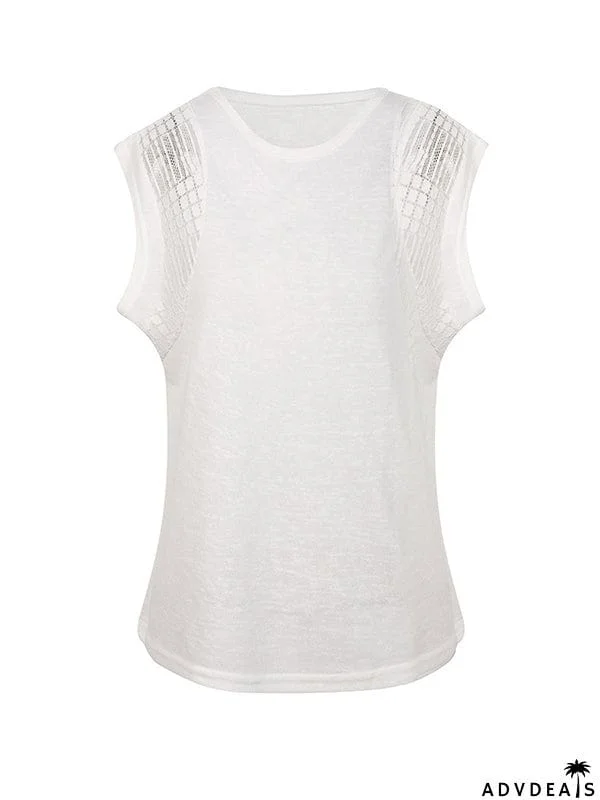 Batwing Sleeves Loose Hollow Lace Split-Joint Round-Neck T-Shirts Tops