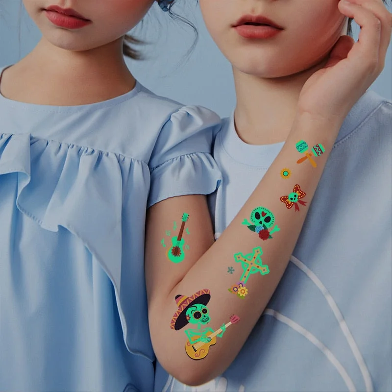 New Day of the Dead Luminous Fluorescent Tattoo Sticker Children's Cartoon Waterproof Guitar Halloween Skull Tattoo