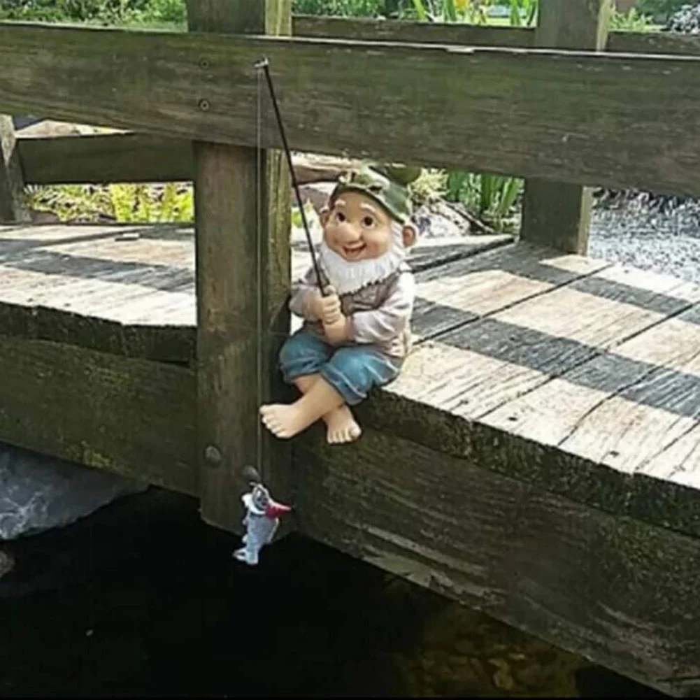 Garden Gnome Statue Resin Fishing Dwarf Elf Figurines Yard Lawn Outdoor