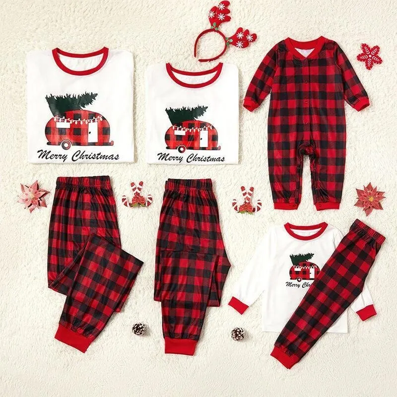 Merry Christmas Plaid Car Carrying Christmas Tree Family Matching Pajamas Set