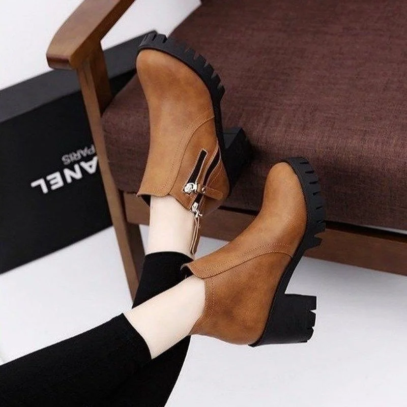 Women's buckle autumn and winter plus velvet short-tube black boots thick-heeled high-heeled women's motorcycle cotton boots