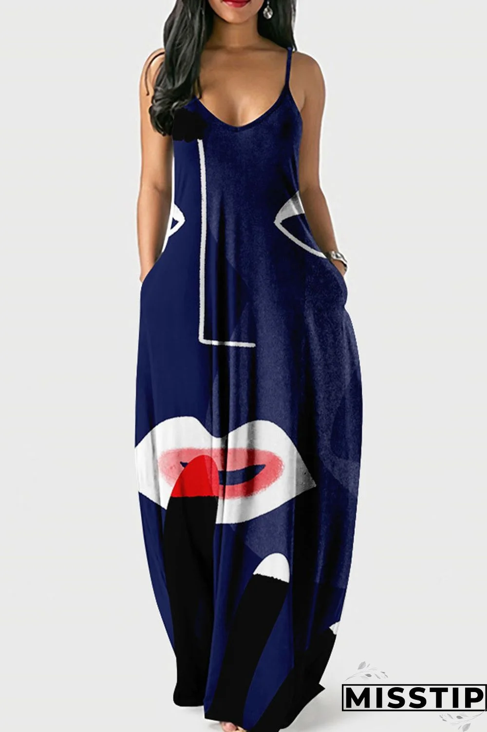 Dark Blue Casual Print Patchwork Spaghetti Strap Sling Dress Dresses