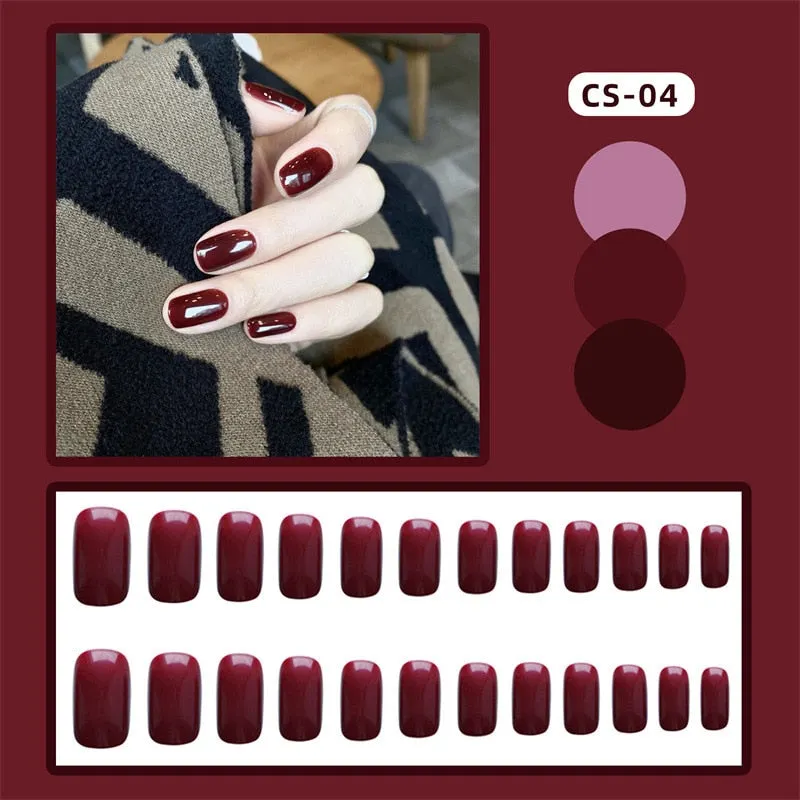 Girls Candy Pink Color False Nails Women Nature Nude Jelly Fake Nail Short Round Head Full Cover Nail Art Tips With Glue 24pcs-Nail Inspo