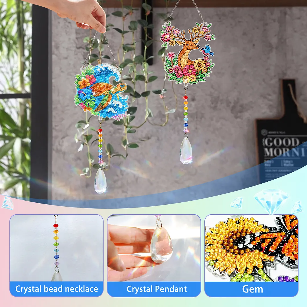 2Pcs Sea Turtles and Elk DIY Double-Sided Diamond Painting Hanging Kits Diamond Painting Suncatcher Craft Kit for Home Garden Wall Decor Gift