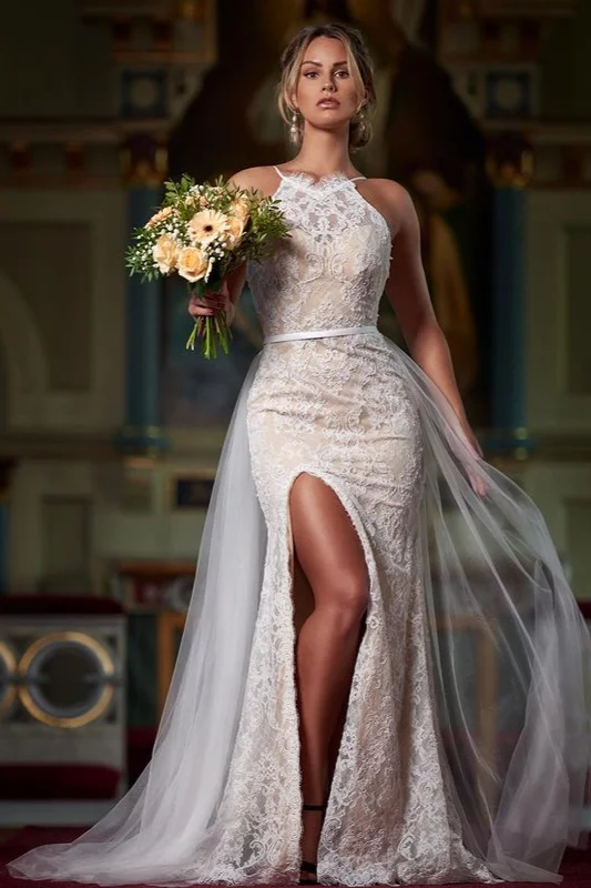 ClassicHalter Lace Mermaid Wedding Dress With Slit Ruffles - lulusllly