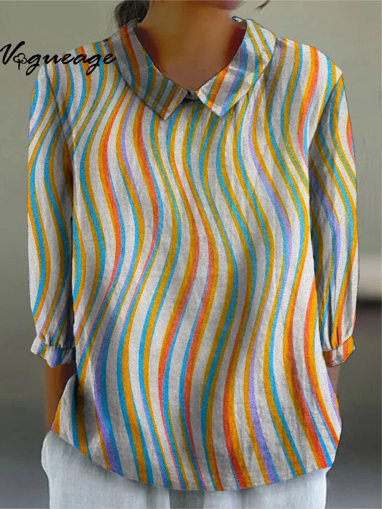 Fashionable Colorful Wavy Vertical Lines Printed Cotton And Linen Shirt