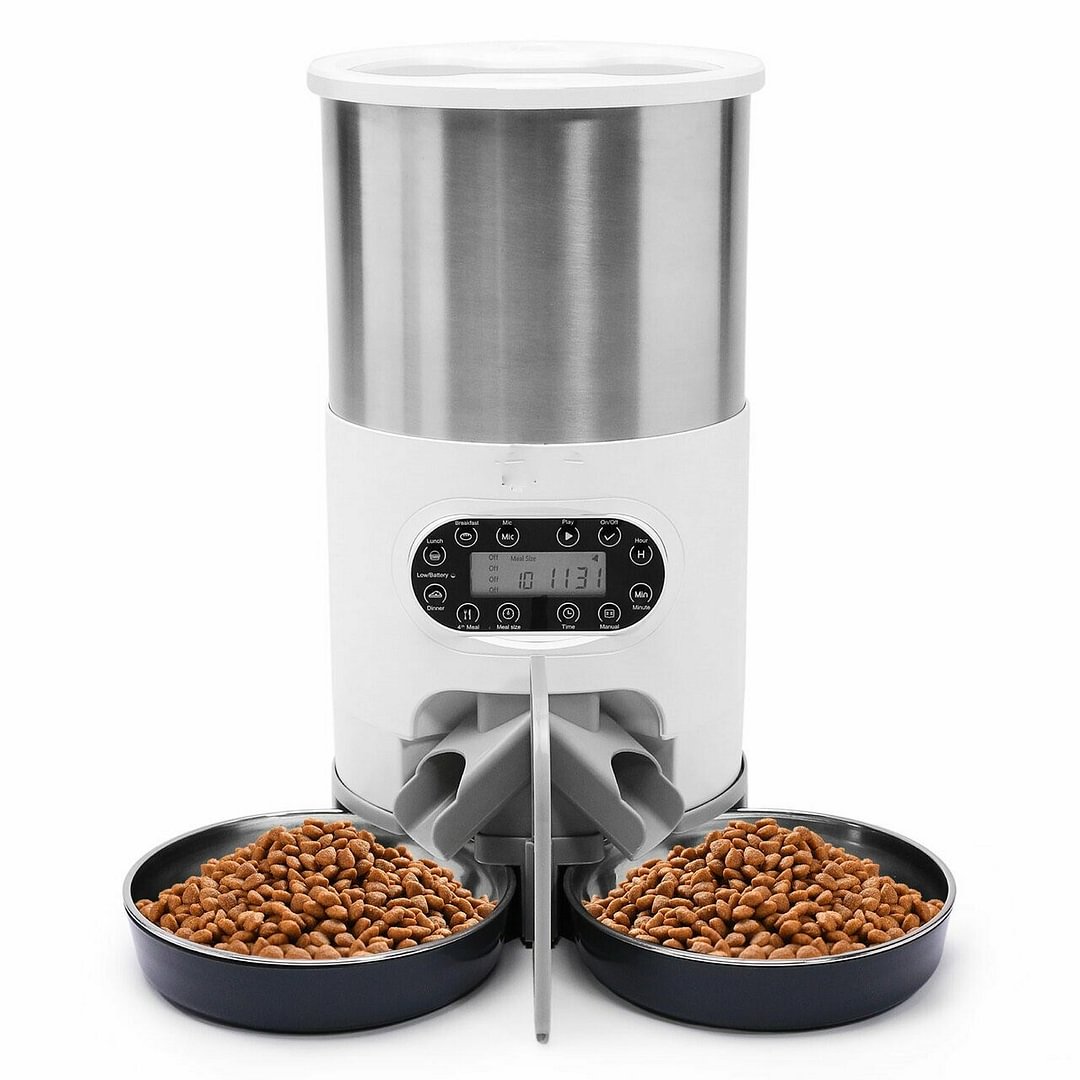 Automatic Cat Feeder - Stainless Steel Dog Pet Food Feeder Dispenser with Two-Way Splitter and Double Bowls