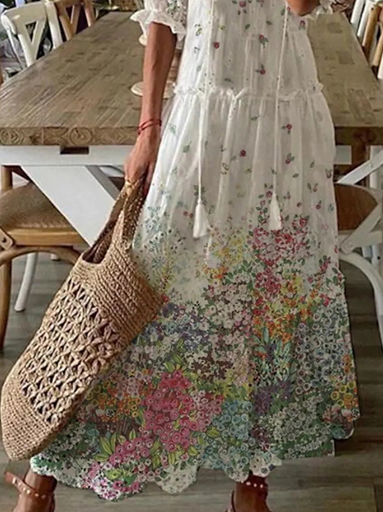 Women Half Sleeve V-neck Solid Color Dress