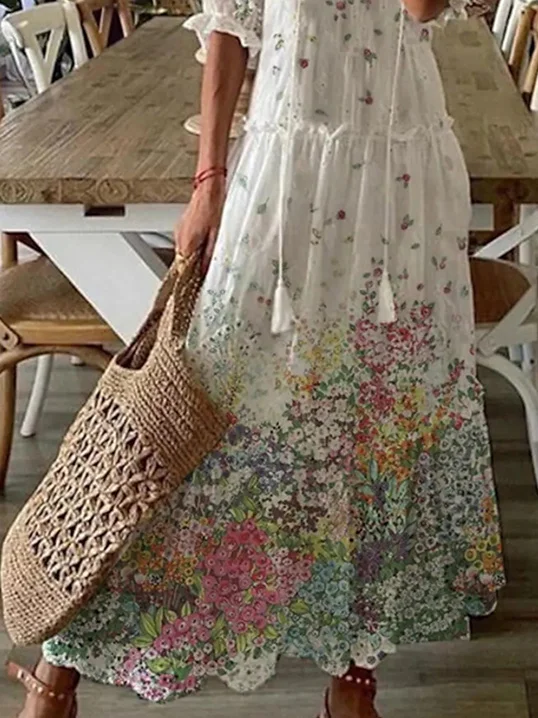 Women Half Sleeve V-neck Solid Color Dress