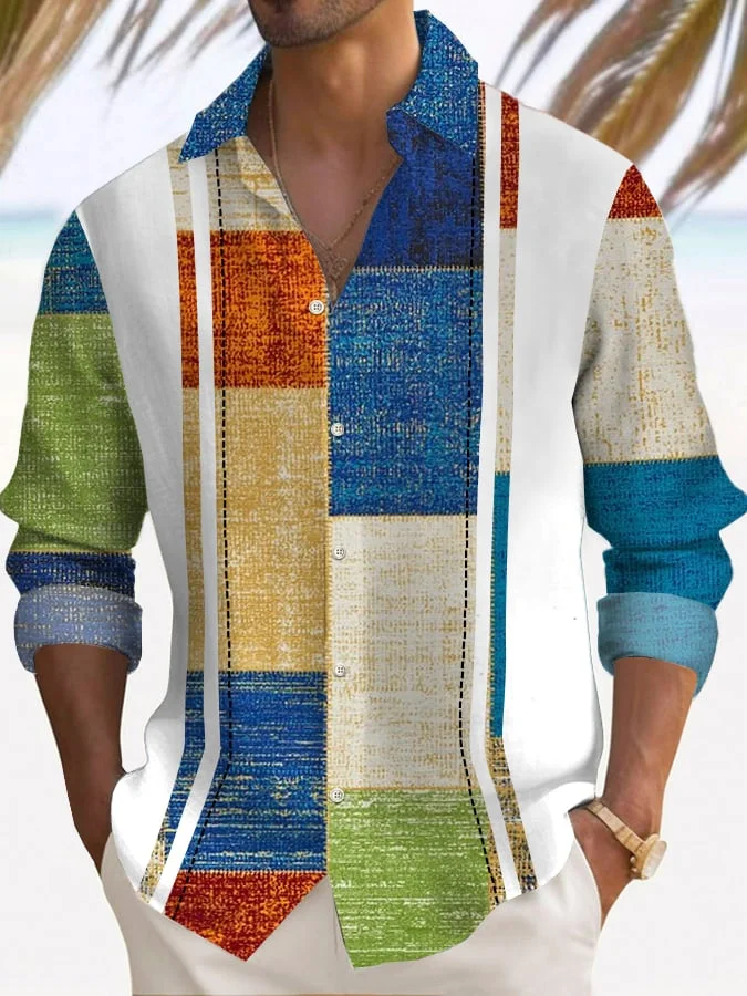 Men's Retro Textured Contrast Print Casual Shirt