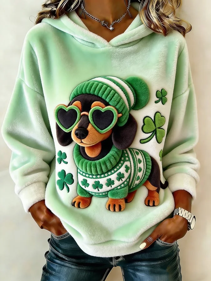 Women's Winter Four-Leaf Clover and Puppy Print Flannel Hooded Top 