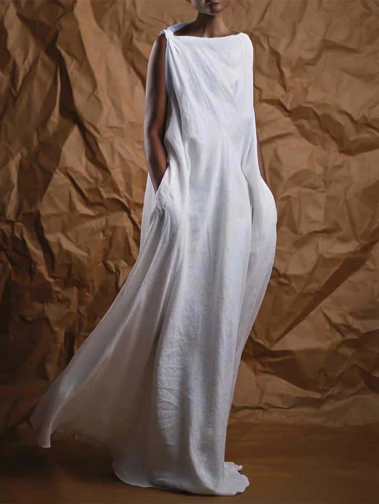 White Boat Neck Wrap Long Maxi Dress