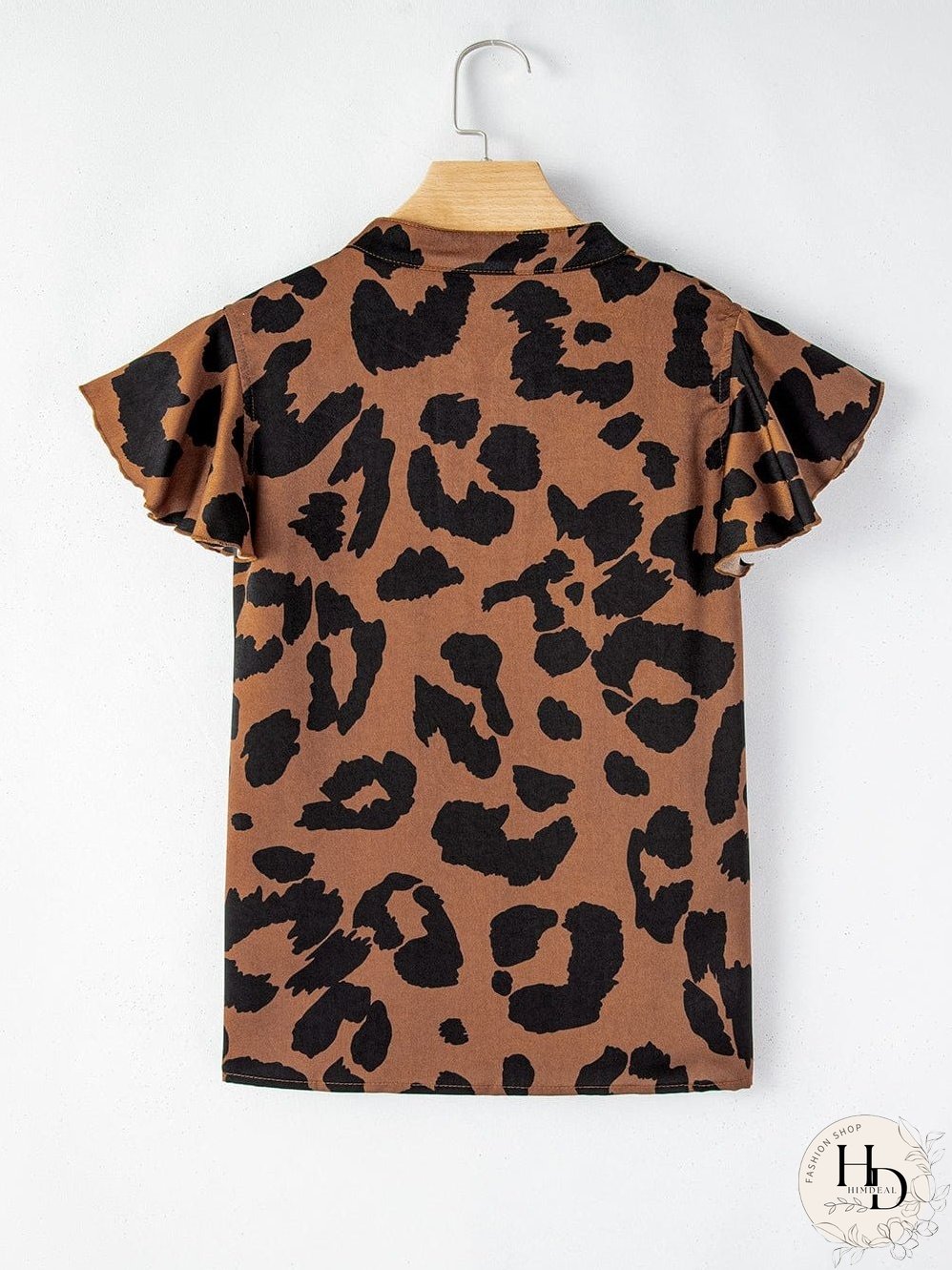 Leopard Print Split Neck Ruffle Sleeve Brown Blouse