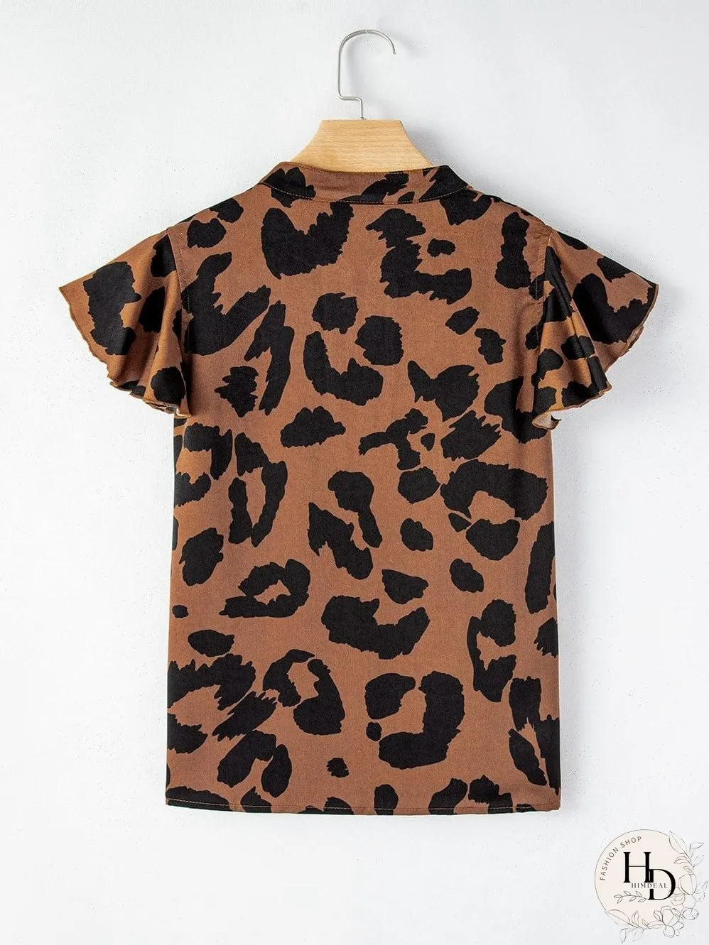 Leopard Print Split Neck Ruffle Sleeve Brown Blouse