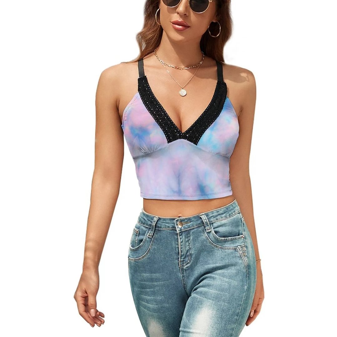 Watercolour Lace Sleeveless Vest Women's Summer Slim Shirts V-Neck Strap Cami Cropped Tank Tops - neewho