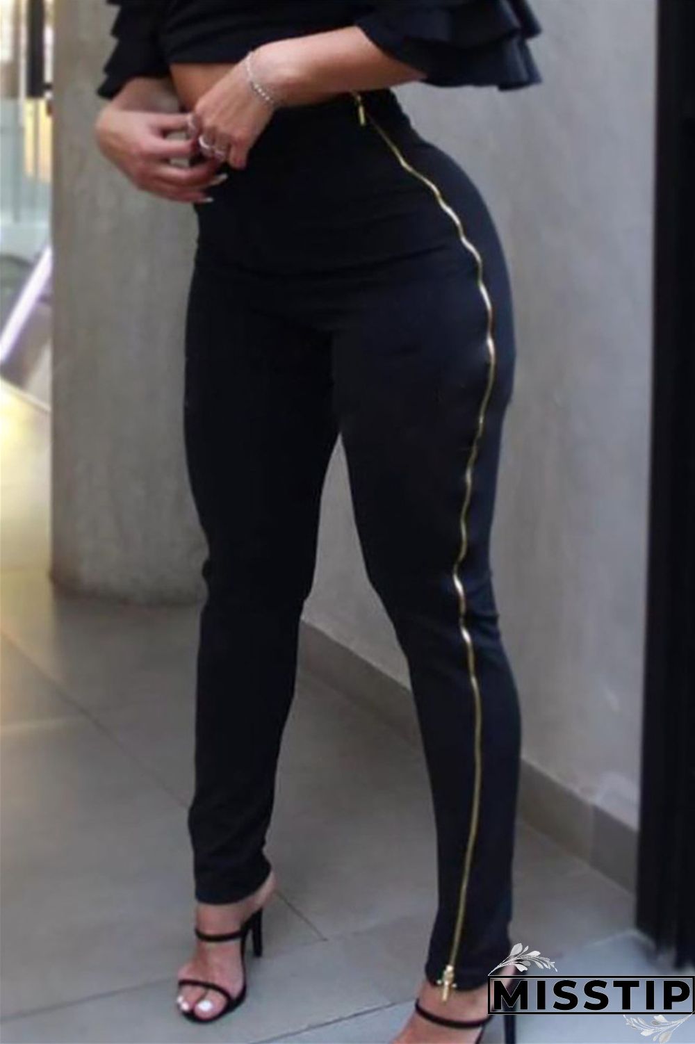 Black Fashion Casual Solid Patchwork Zipper Skinny High Waist Pencil Trousers