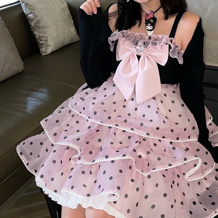 Sweet Cute Polka Dots Lolita Black Pink JSK Halter Dress/Black Cardigan SP16211