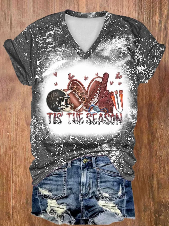 Retro V-neck Tie Dye Football Leopard Tis The Season Print T-Shirt socialshop