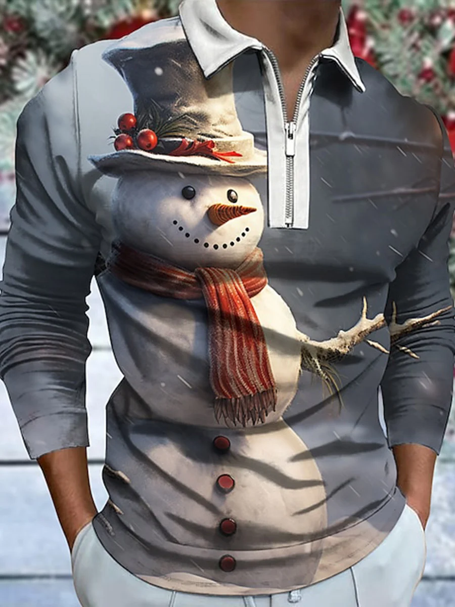 Men's Christmas Snowman Casual Print Polo Shirt