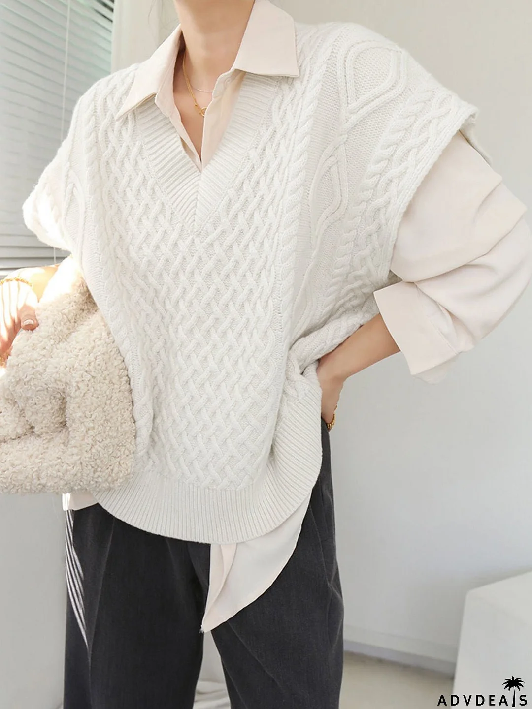 Collared Cable Graceful Knit Sweater Vest