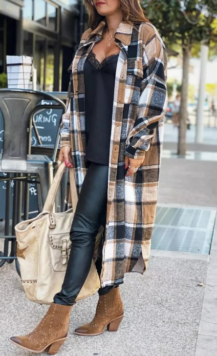 Fashion Casual Plaid Pocket Buttons Shirt Collar Outerwear