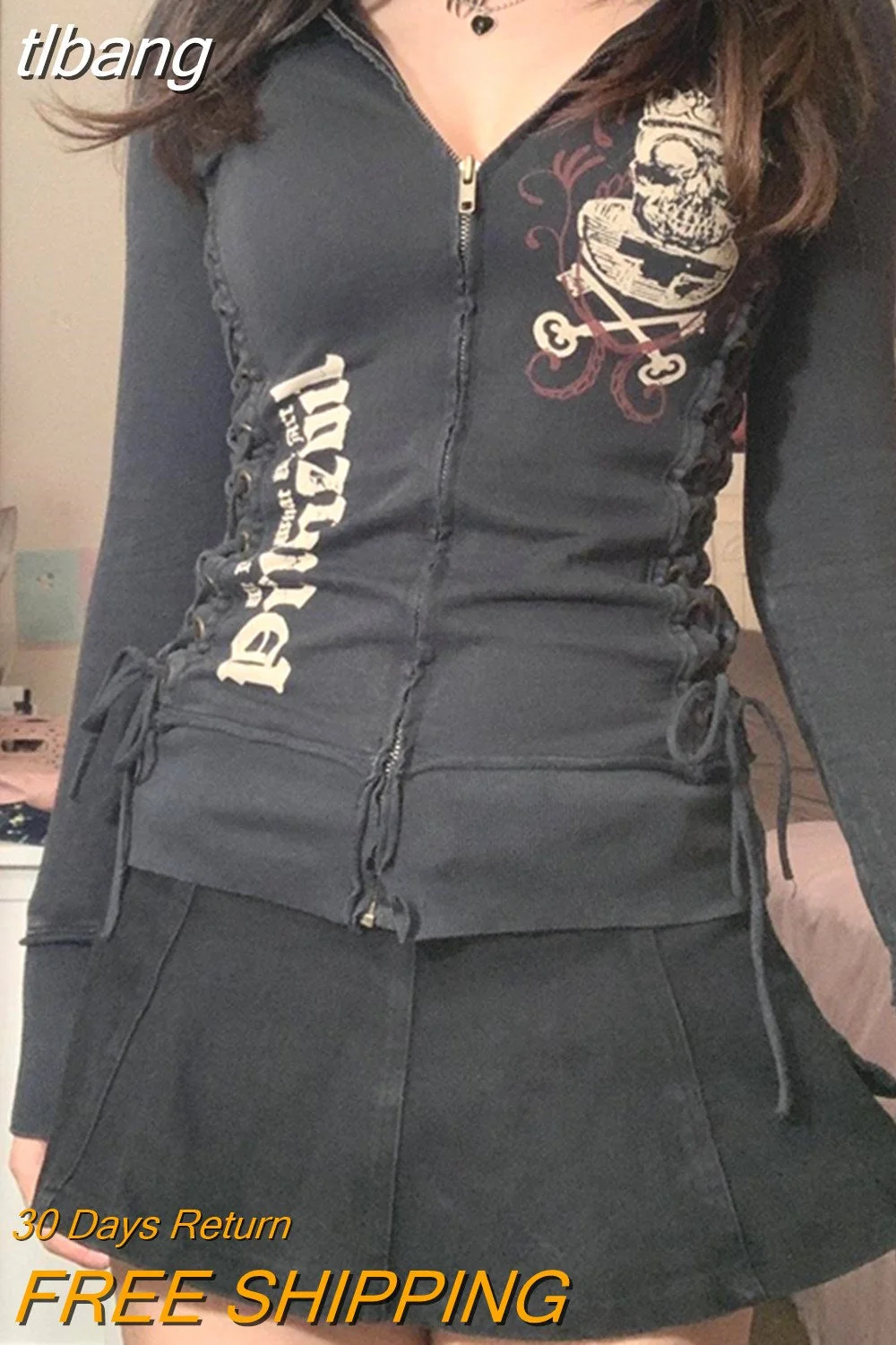 tlbang y2k Grunge 2000s Sweatshirt Punk Gothic Women Zip Up Long Sleeve Tops E Girl Hoodie Dark Academia Aesthetic Clothes