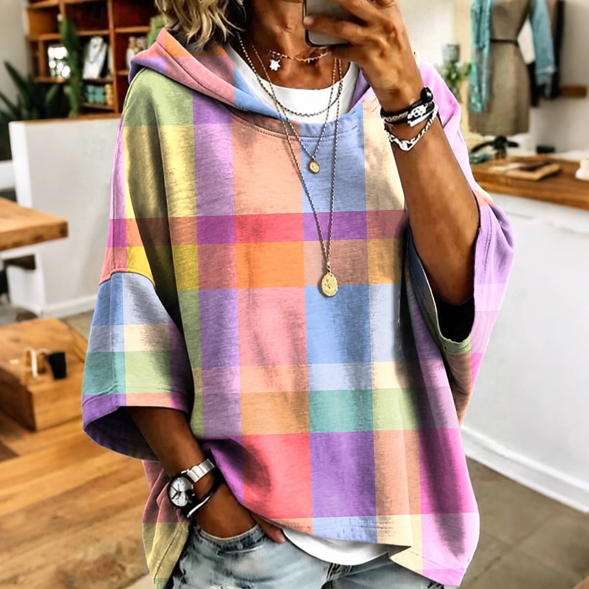 Comstylish Women's Pastel Rainbow Plaid Soft Art Print Hooded Sweatshirt