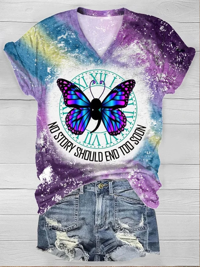 Women's No Story Should End Too Soon Butterfly Print Short Sleeve T-Shirt socialshop
