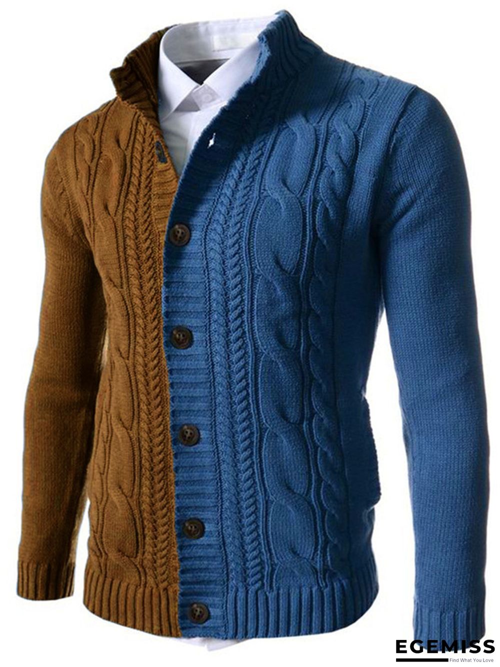 Color Blocked Stand Collar Long Sleeve Knitted Cardigan Sweater | EGEMISS