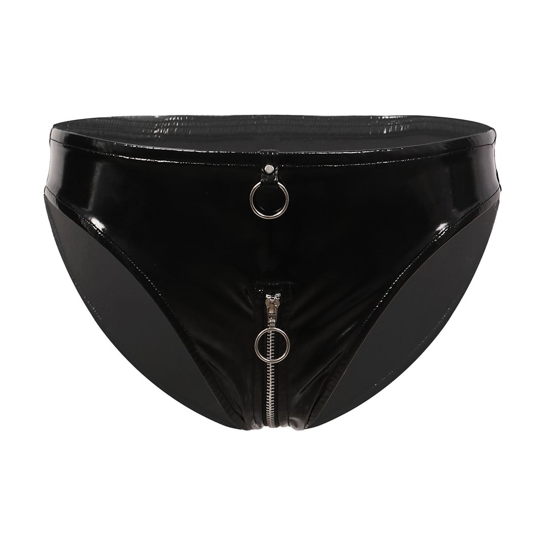 Billionm Womens Erotic Hot Sexy O Ring Zipper Crotch Briefs Low Waist Wet Look Patent Leather Panties Sexy Porn Underwear Underpants