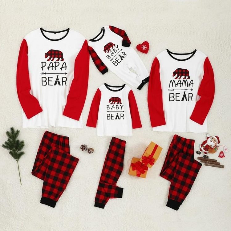 Christmas Bear Print Top and Plaid Pants Family Matching Pajamas Set