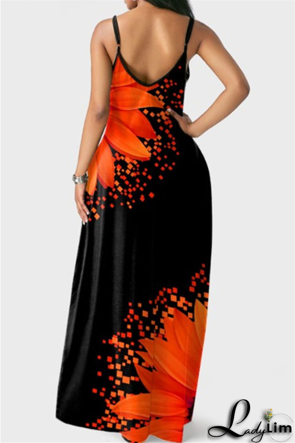Yellow Fashion Sexy Print Backless Spaghetti Strap Long Dress