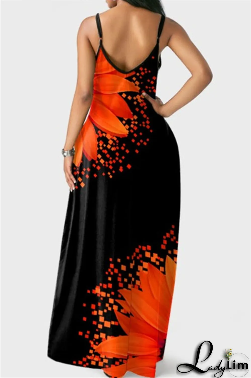 Yellow Fashion Sexy Print Backless Spaghetti Strap Long Dress